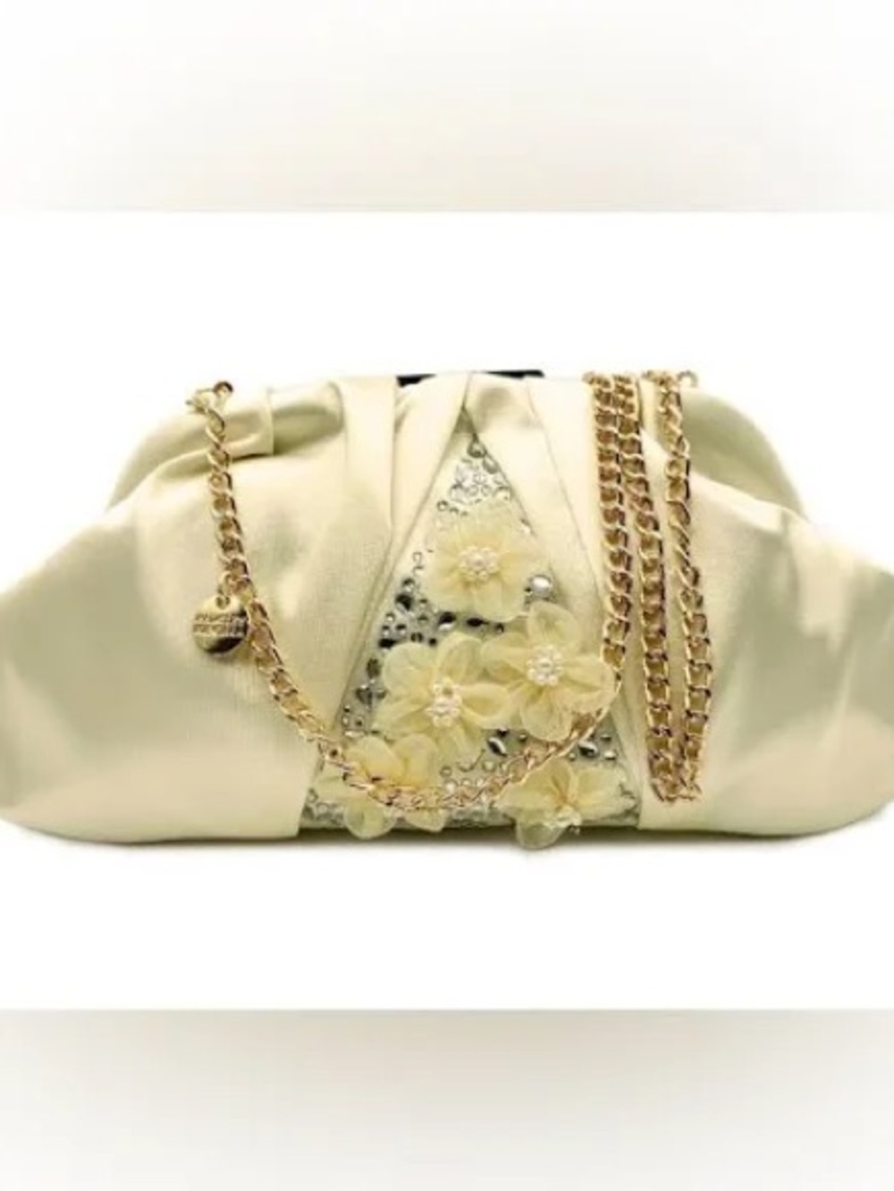 Badgley Mischka Light Gold Floral Embellished Evening Clutch with Gold Chain